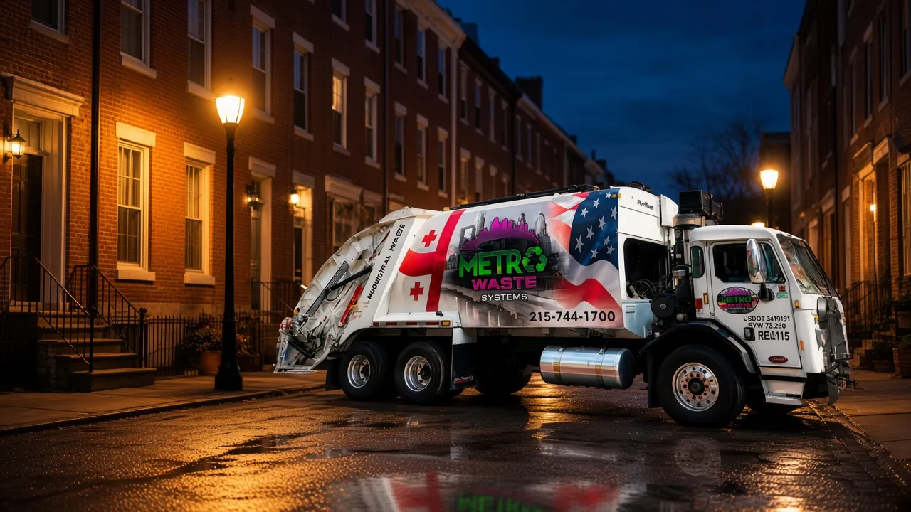 Metro Waste truck on a Philadelphia street at night