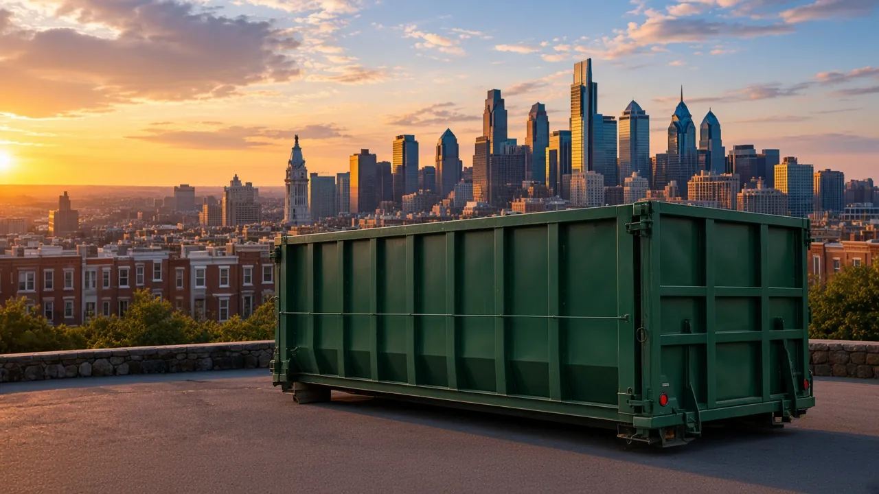 Green roll-off dumpster with the Philadelphia skyline at sunset