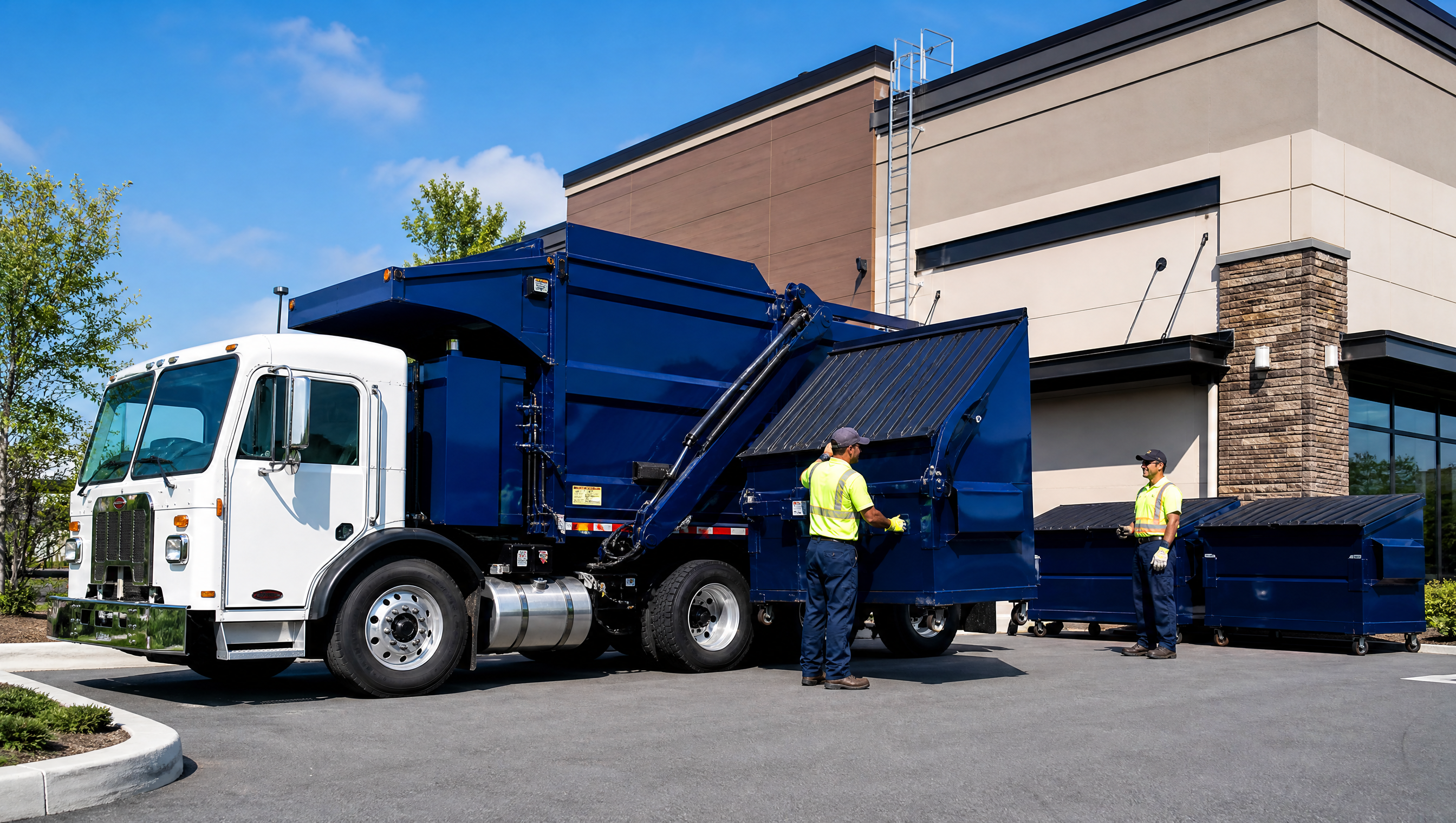 Front-load truck lifting a commercial dumpster