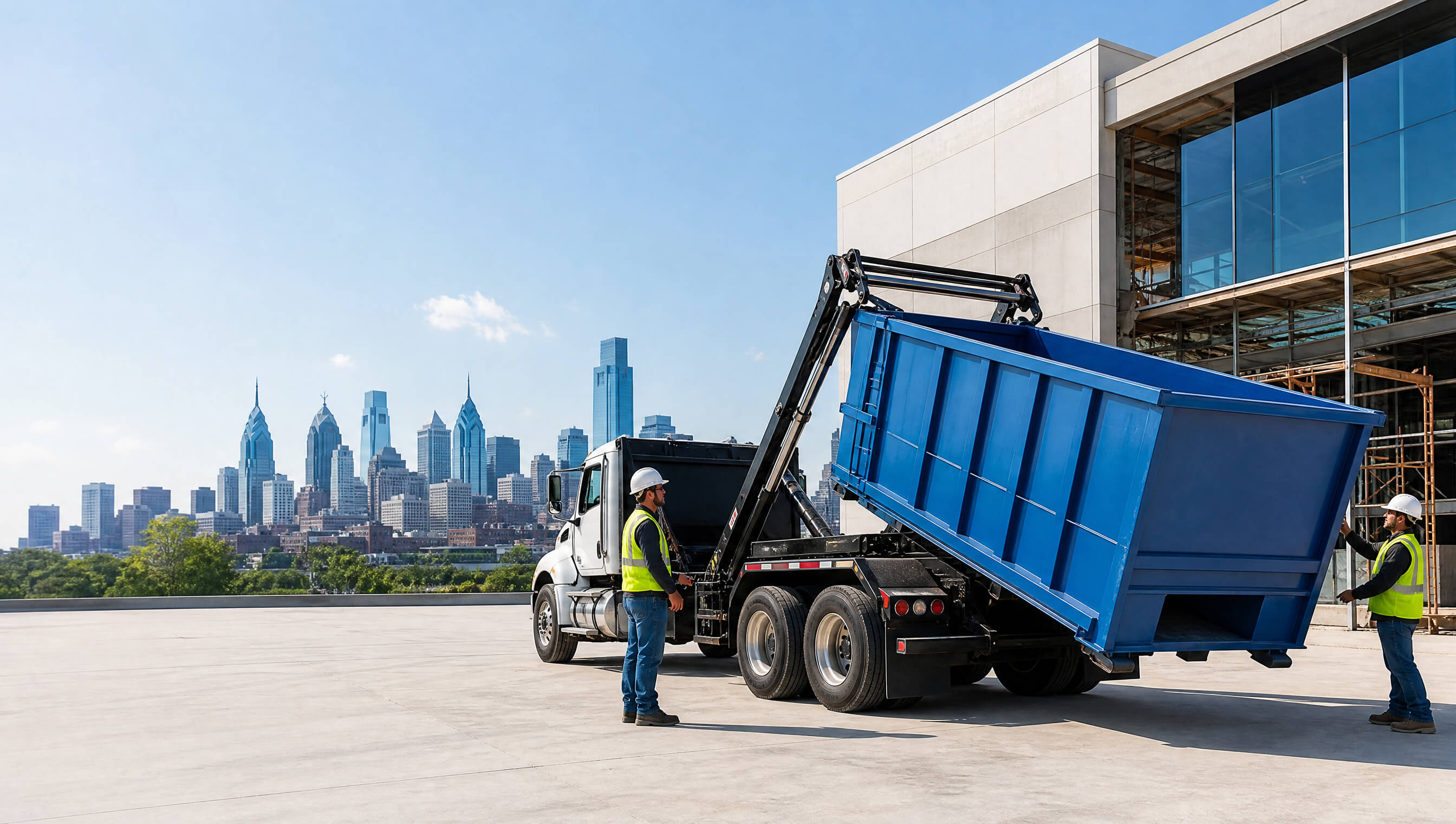 Construction debris loaded in a roll-off container